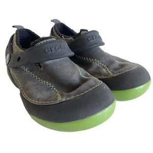 CROCS Dawson Grey Suede Lime Green Faux Fur Lined Clogs Sandals Boys Size 12